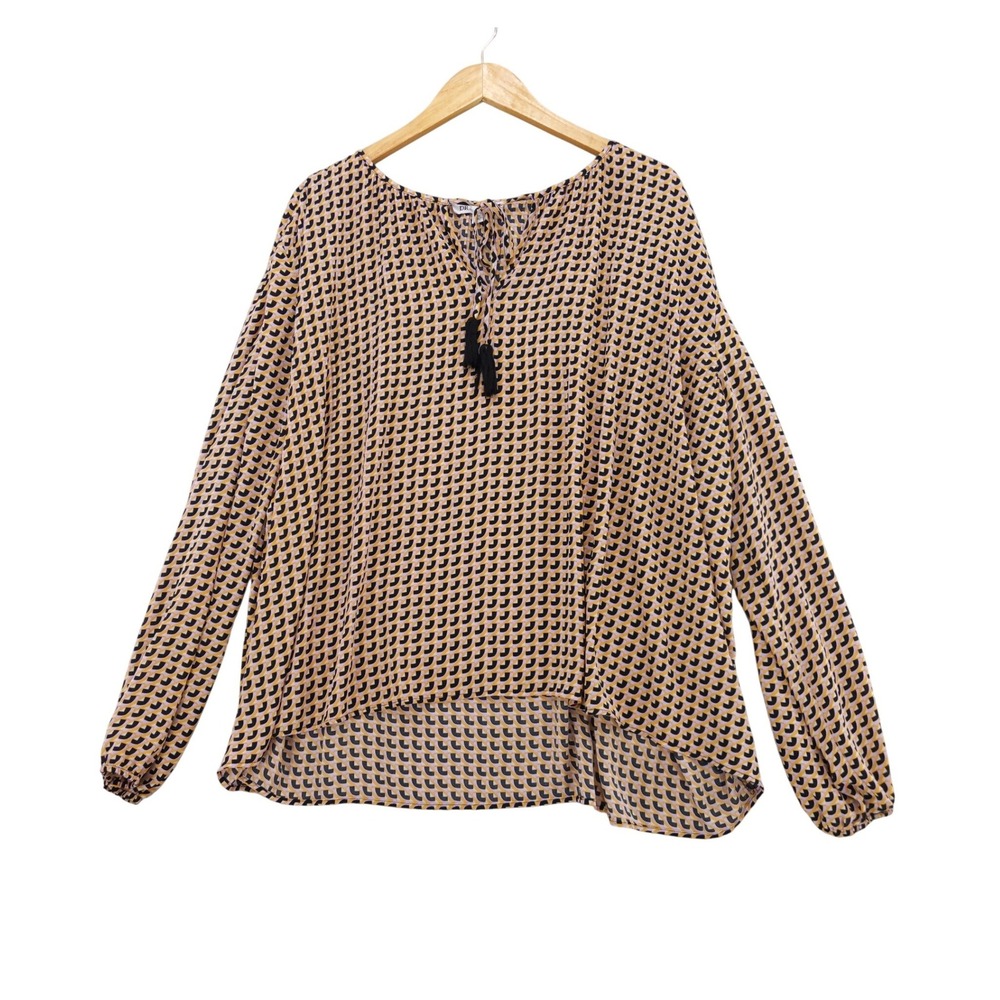 DR2 Blouse Women XXL Multi Geometric Print Tassel Tie Long Sleeve Top